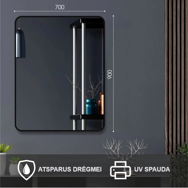 Veidrodis uzapvalintais kampais ir juodu remeliu