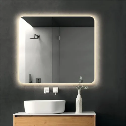 Bathroom mirror with rounded corners