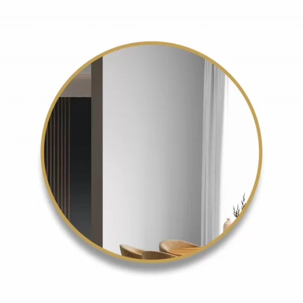 Apvalus veidrodis su aukso spalvos remu 90 cm